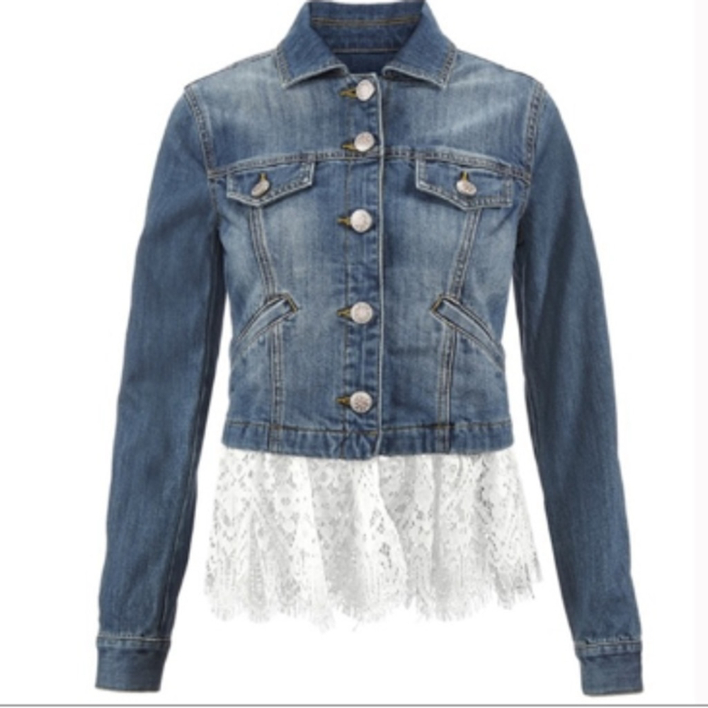 Cabi Dakota Blue Denim Jacket Women Sz S Removable lace Trim #5297 Office Career